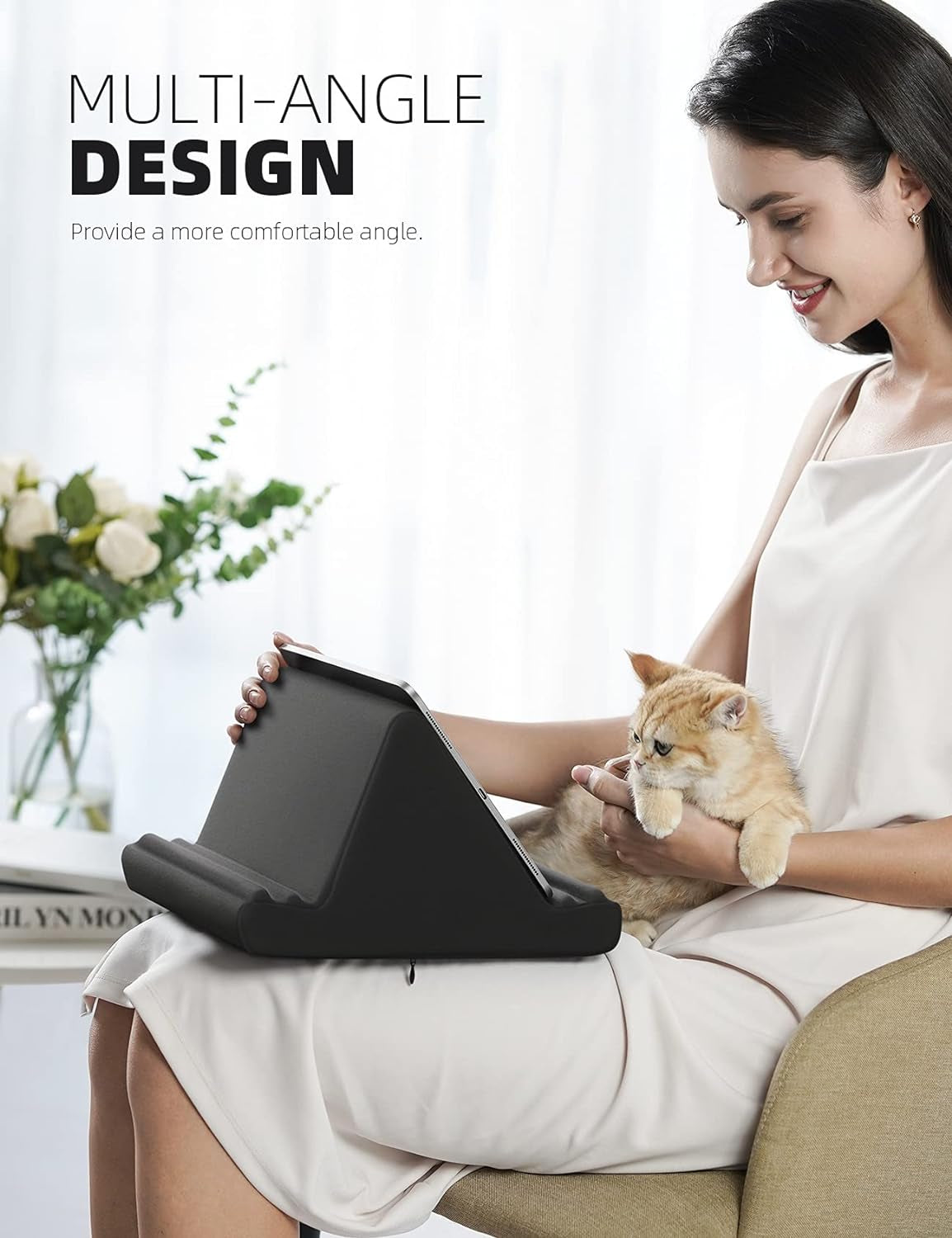 Lamicall Adjustable Tablet Pillow Stand - Soft Pad Dock for Lap, Bed, and Desk with Pocket & 4 Viewing Angles, Compatible with iPad Pro, Air, Mini, Kindle, iPhone, and 4-13" Devices, Black