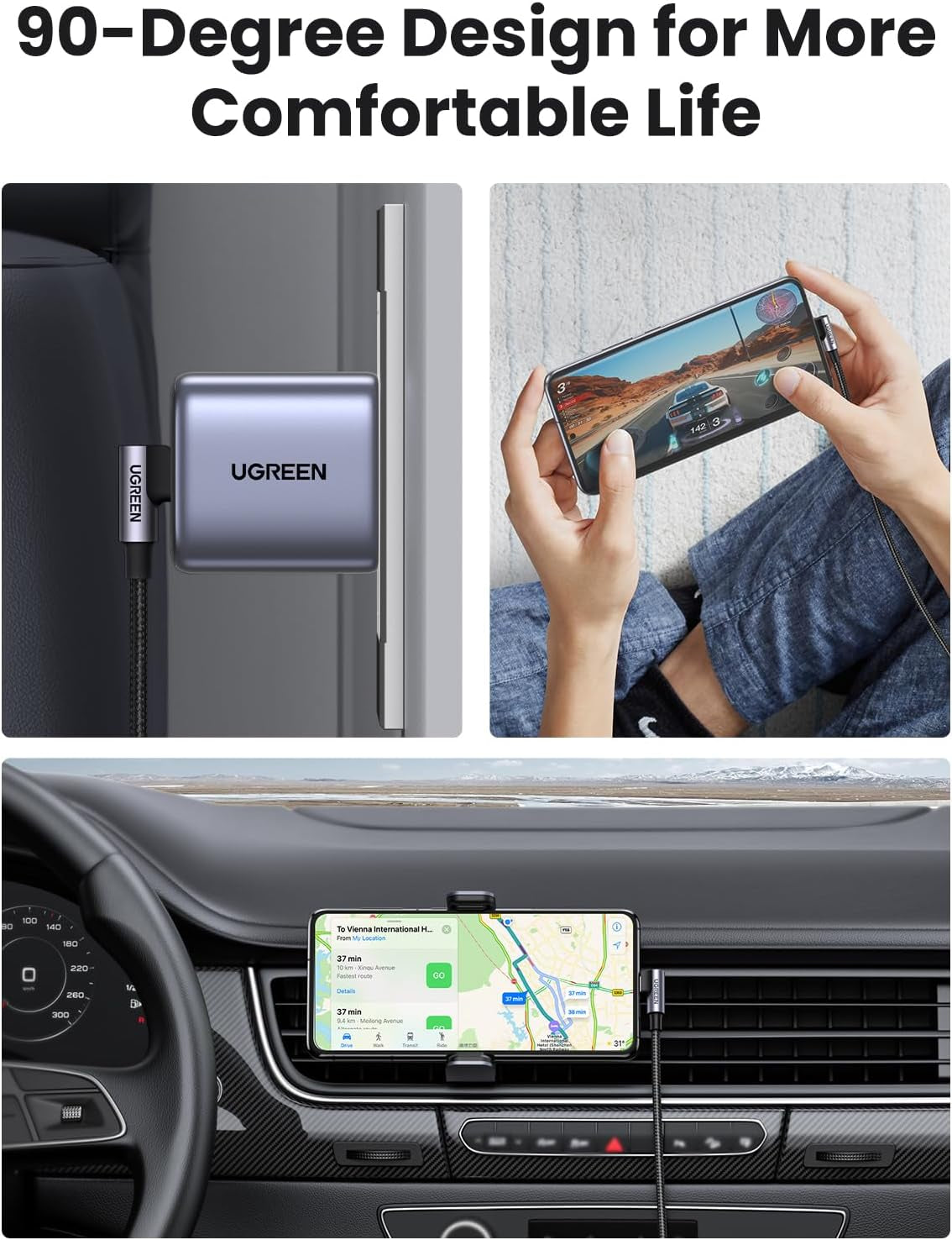 UGREEN 6.6FT Right Angle USB C Cable 2-Pack, 60W USB C to USB C 90 Degree Connector for iPhone 17/16, MacBook Pro/Air, iPad Pro 2022/Air 5/Mini 6, Galaxy S25/S24/S22, Pixel 8/7, and Switch