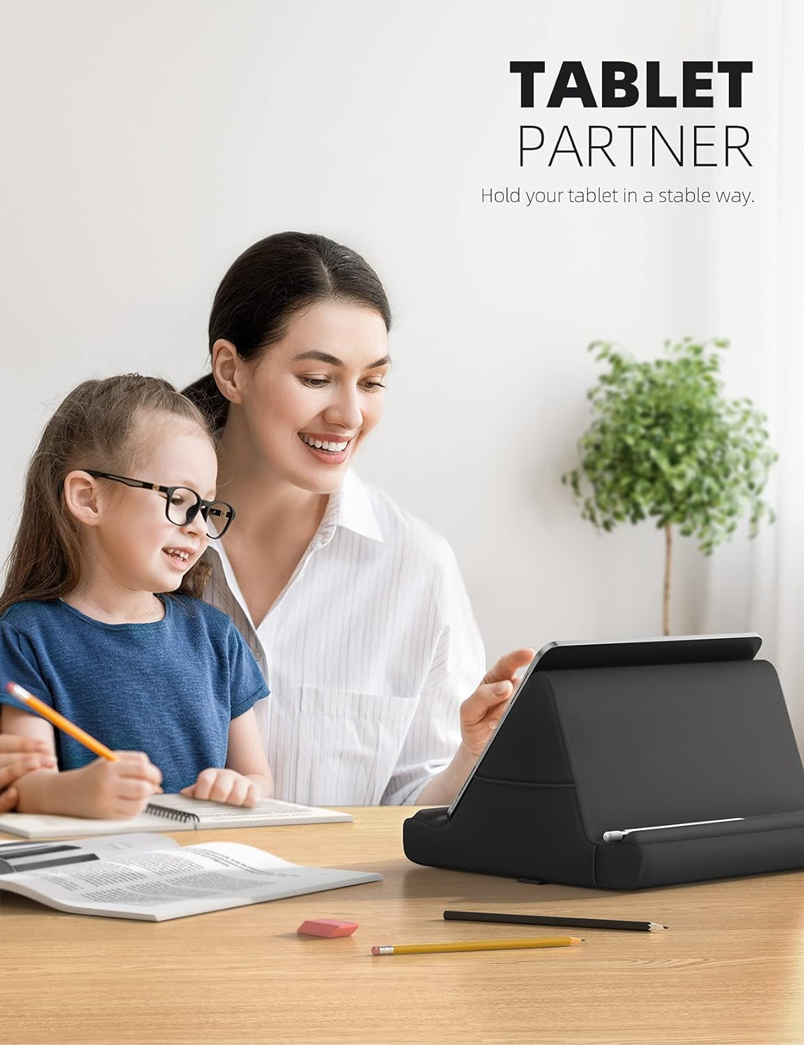 Lamicall Adjustable Tablet Pillow Stand - Soft Pad Dock for Lap, Bed, and Desk with Pocket & 4 Viewing Angles, Compatible with iPad Pro, Air, Mini, Kindle, iPhone, and 4-13" Devices, Black