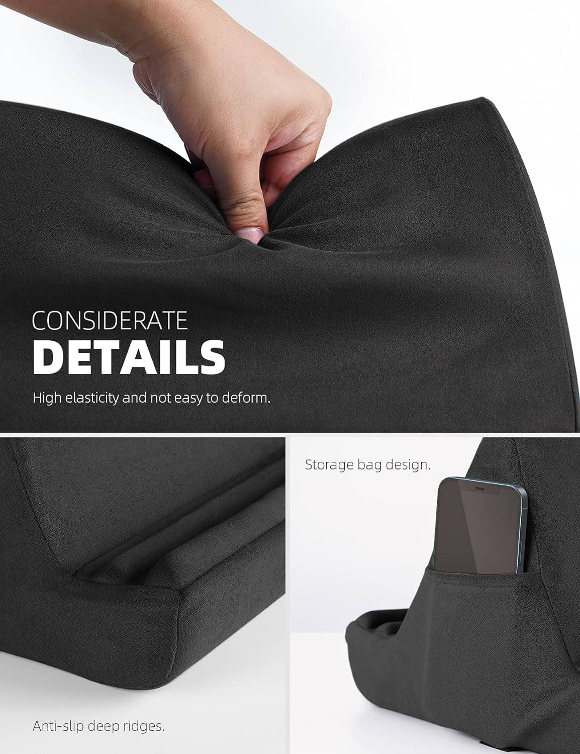 Lamicall Adjustable Tablet Pillow Stand - Soft Pad Dock for Lap, Bed, and Desk with Pocket & 4 Viewing Angles, Compatible with iPad Pro, Air, Mini, Kindle, iPhone, and 4-13" Devices, Black