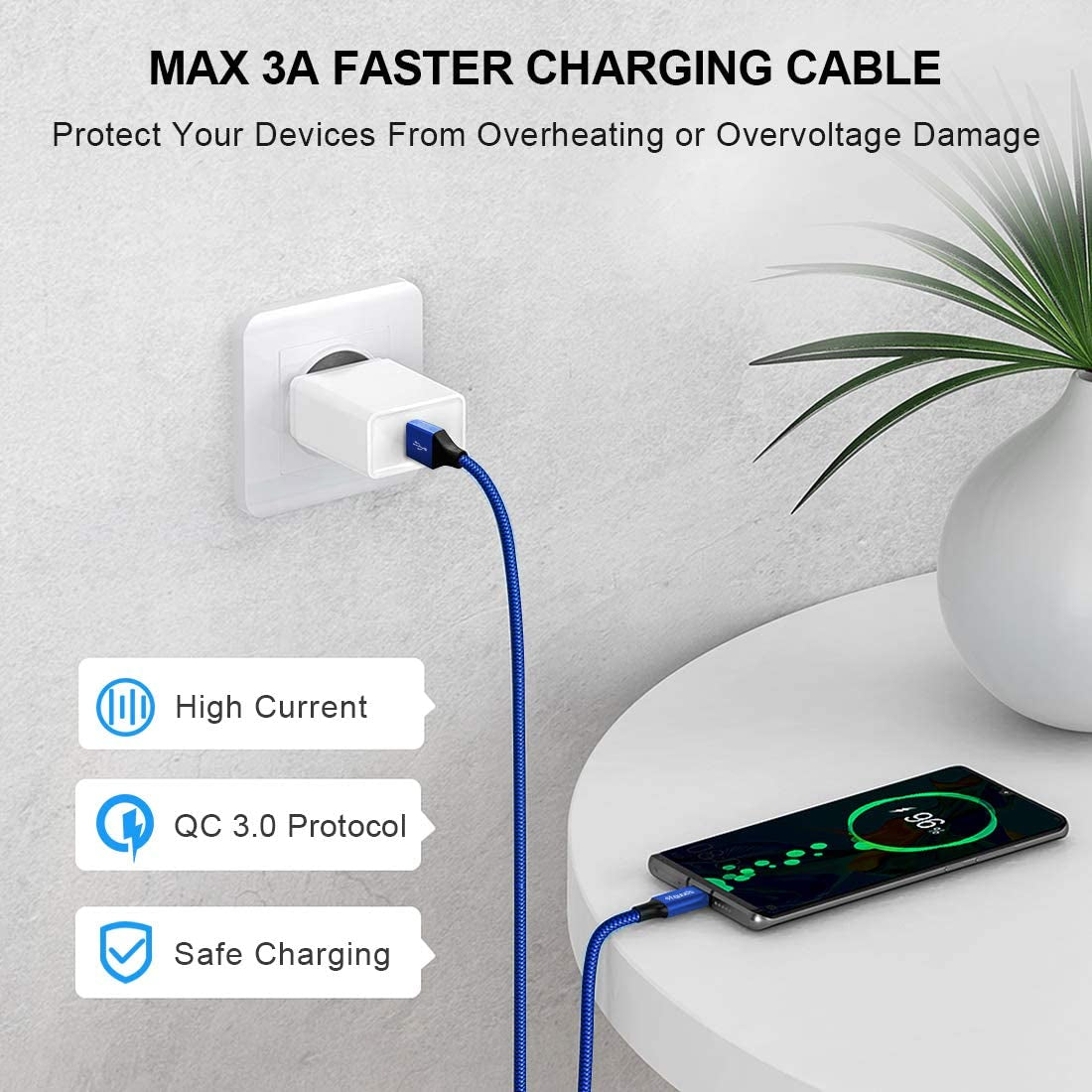 Etguuds 15-Foot USB-C Cable (2-Pack) - Fast Charging USB 2.0 A to USB Type-C, Durable Nylon Braided Design - Blue