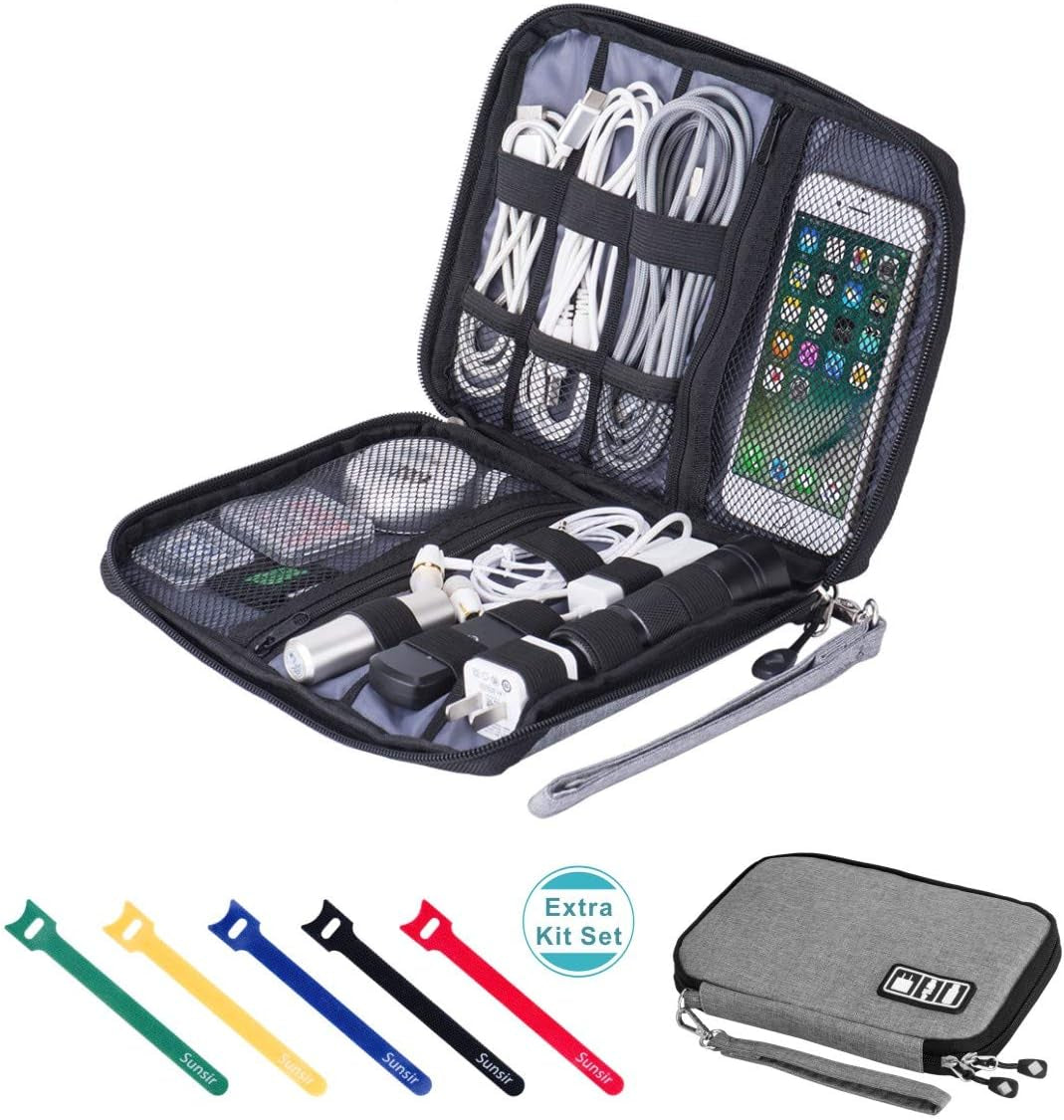 Waterproof Portable Travel Cable Organizer Bag for Electronic Accessories with 5 Cable Ties - Grey