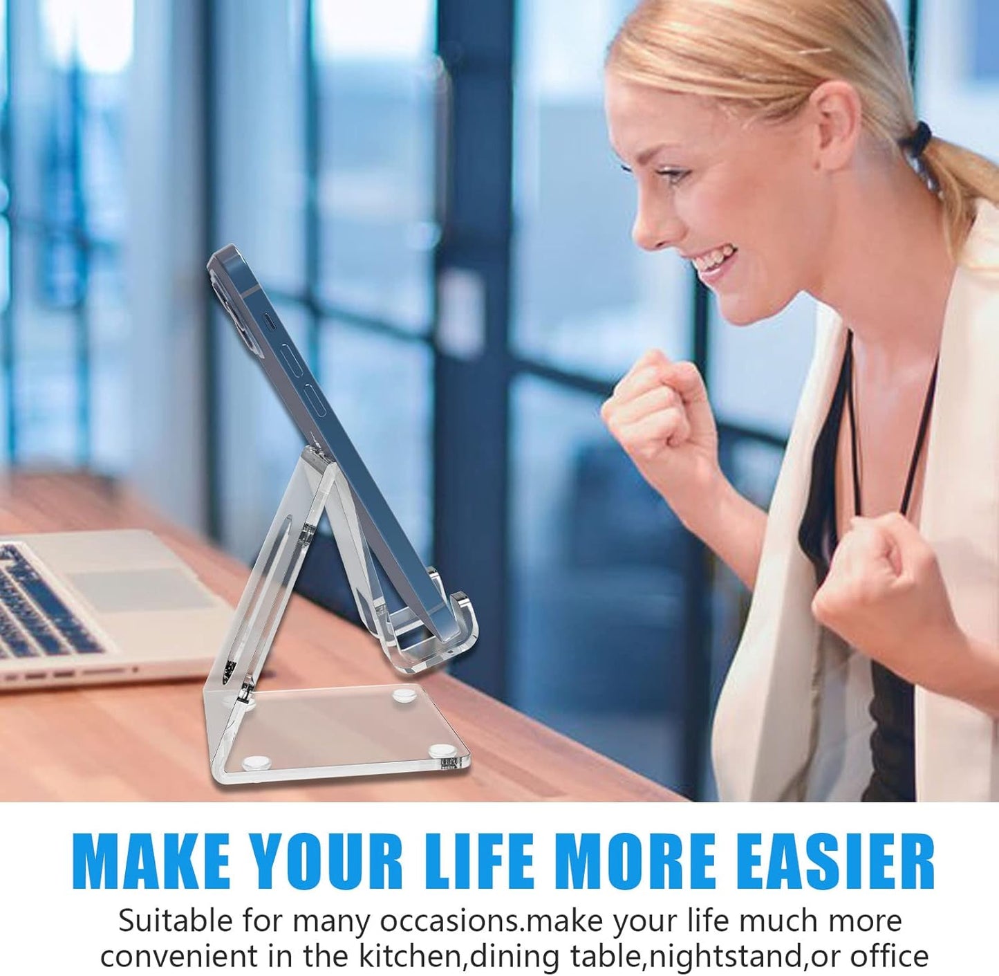 Acrylic Desk Phone Stand - Portable Holder for iPhone 15/14/13/12/11 Pro, Samsung S20+/Note10, and Tablets (1 Pack)