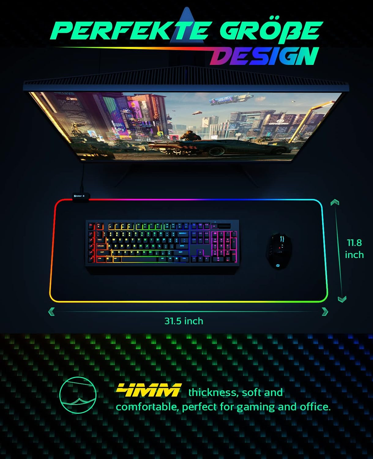 RGB Gaming Mouse Pad, Utechsmart Large Extended Soft Led Mouse Pad with 14 Lighting Modes 2 Brightness Levels, Computer Keyboard Mousepads Mat 800 X 300Mm / 31.5×11.8 Inches