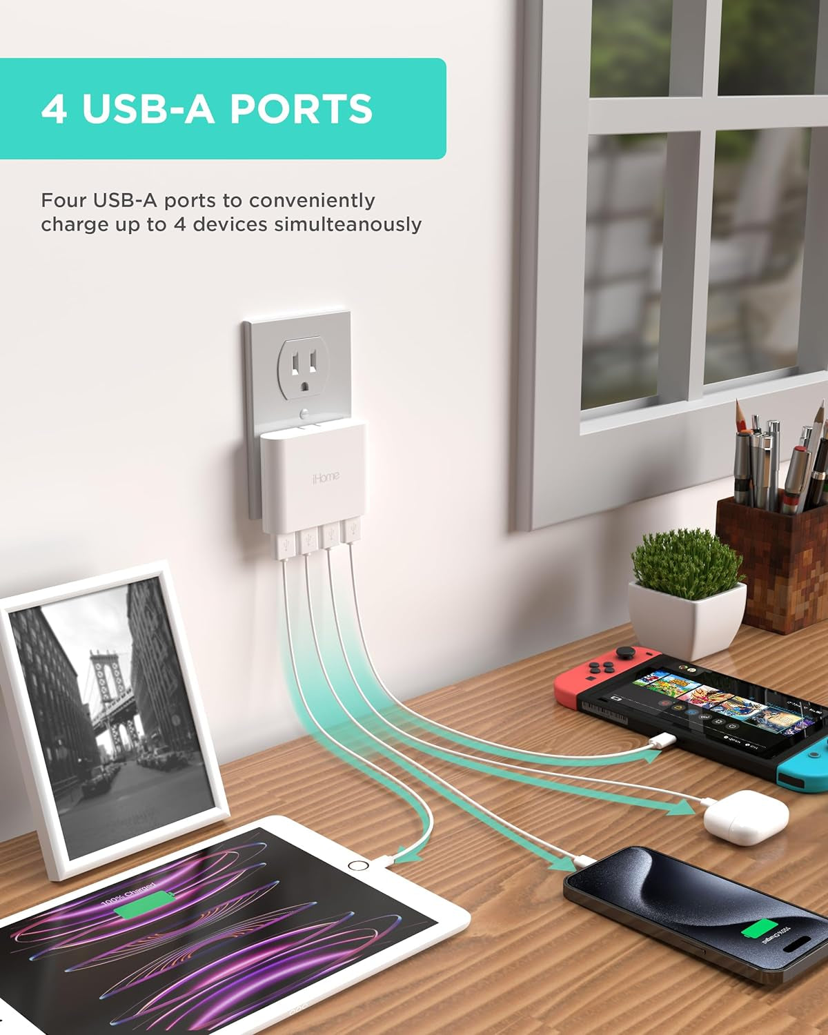 iHome Slim 4-Port USB Wall Charger - AC Pro Multiport Plug Adapter for Home and Travel