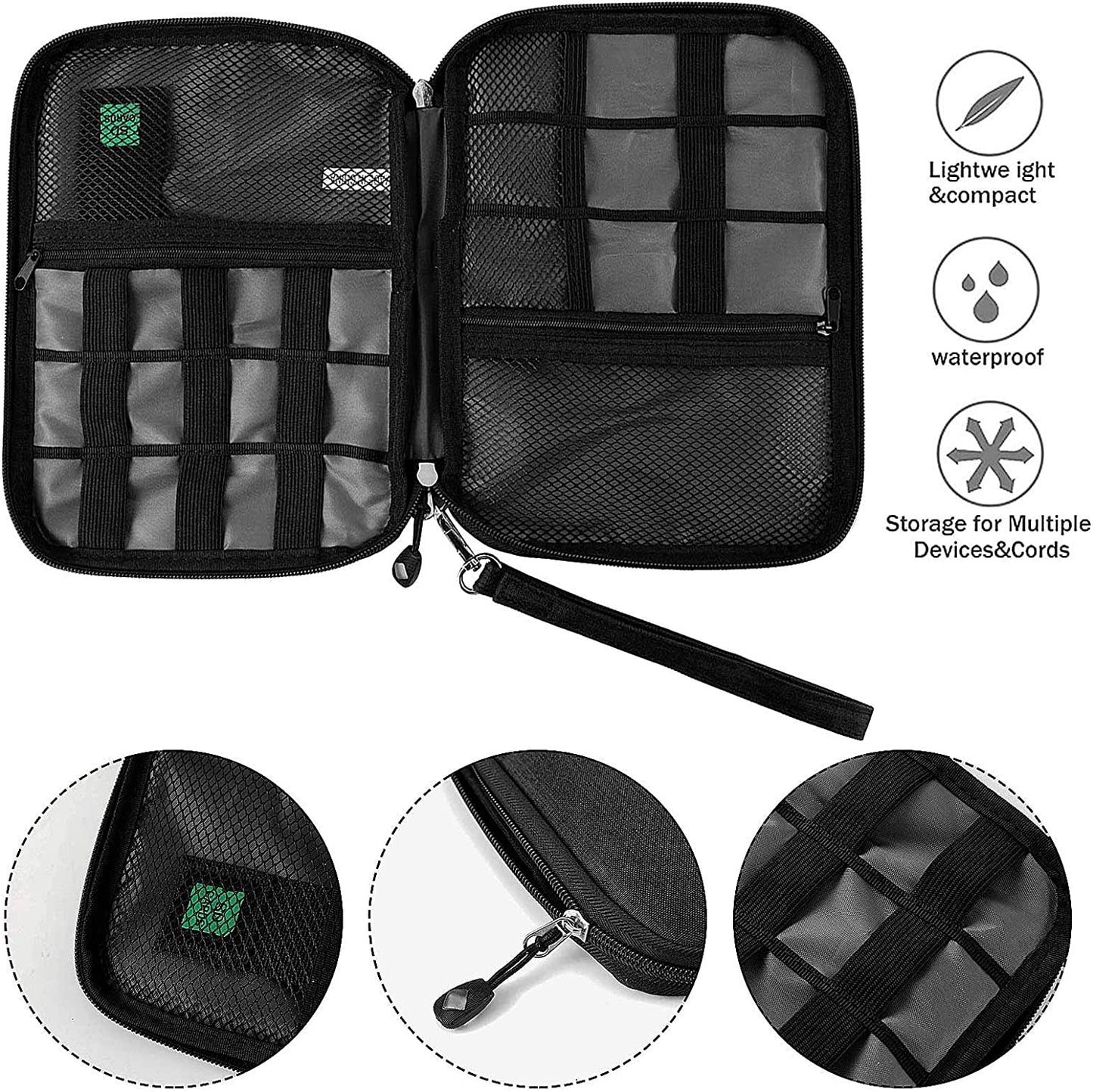 Waterproof Portable Travel Cable Organizer Bag for Electronic Accessories with 5 Cable Ties - Grey