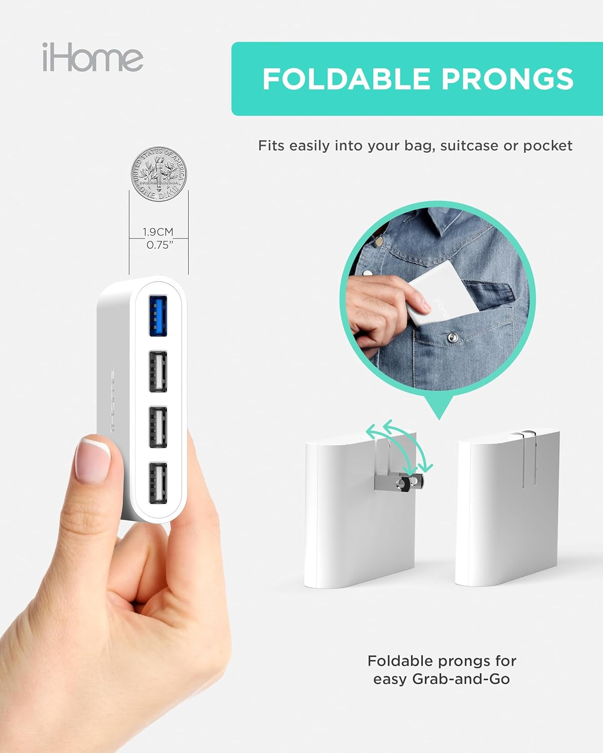 iHome Slim 4-Port USB Wall Charger - AC Pro Multiport Plug Adapter for Home and Travel