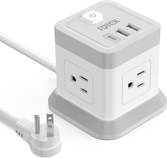 FDTEK Power Strip with USB Ports, Flat Plug Extension Cord Featuring 4 Outlets and 3 USB (1 USB-C), 5 FT Power Cord, Desktop Charging Station with Overload Protection, Compact and Portable for Travel and Home Office