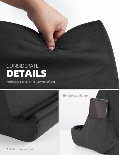 Lamicall Adjustable Tablet Pillow Stand - Soft Pad Dock for Lap, Bed, and Desk with Pocket & 4 Viewing Angles, Compatible with iPad Pro, Air, Mini, Kindle, iPhone, and 4-13" Devices, Black