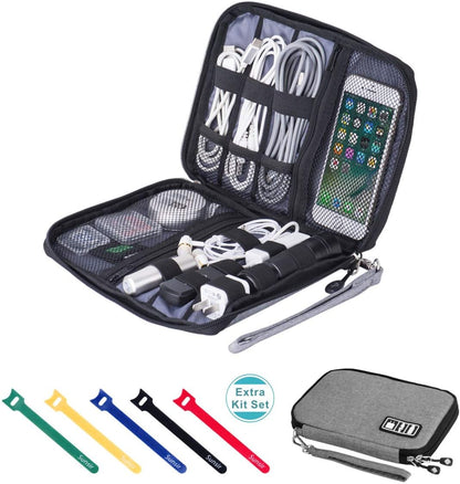 Waterproof Portable Travel Cable Organizer Bag for Electronic Accessories with 5 Cable Ties - Grey