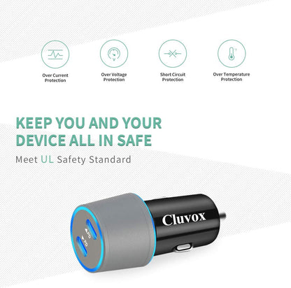 40W Dual USB-C Fast Car Charger with 3Ft Type C Cable for Samsung Galaxy A Series and S Series Devices