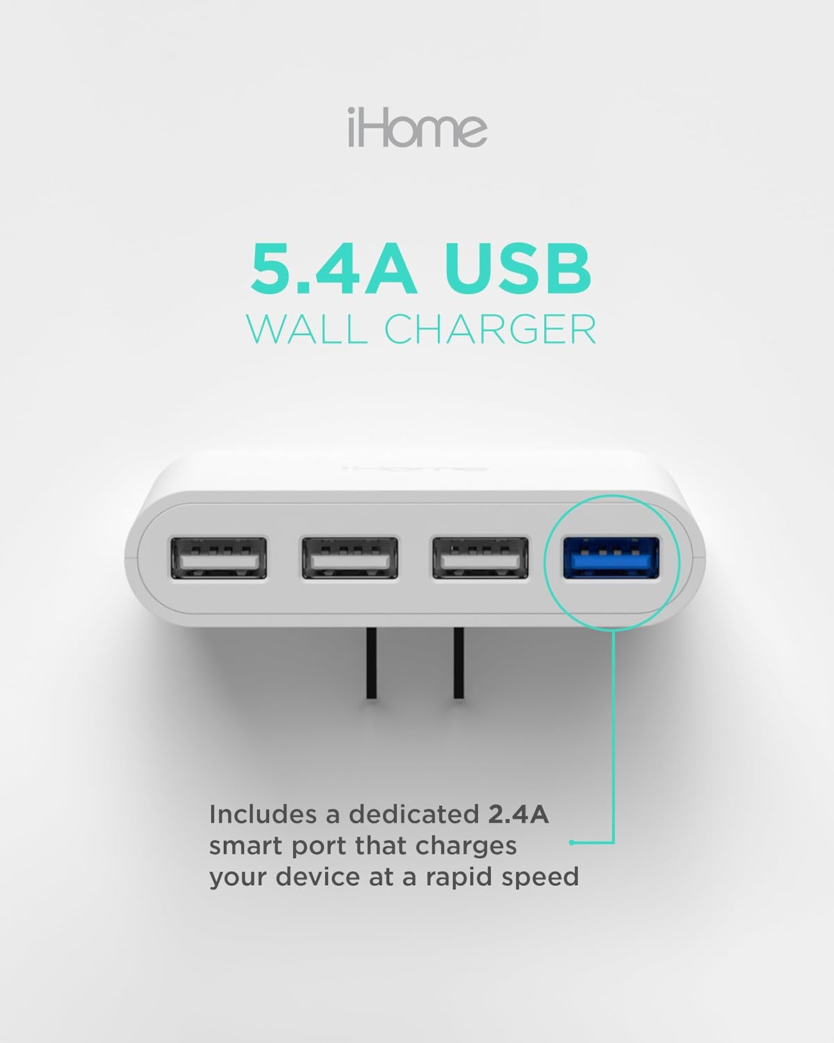 iHome Slim 4-Port USB Wall Charger - AC Pro Multiport Plug Adapter for Home and Travel