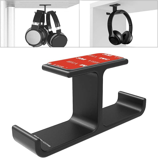 Aluminum Under-Desk Headphone Hanger with Adhesive Hook - Dual Headset Holder for PC Gaming and All Headphones