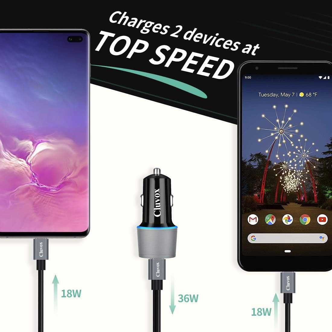 40W Dual USB-C Fast Car Charger with 3Ft Type C Cable for Samsung Galaxy A Series and S Series Devices