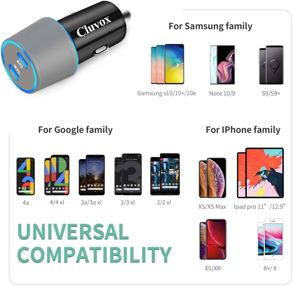 40W Dual USB-C Fast Car Charger with 3Ft Type C Cable for Samsung Galaxy A Series and S Series Devices