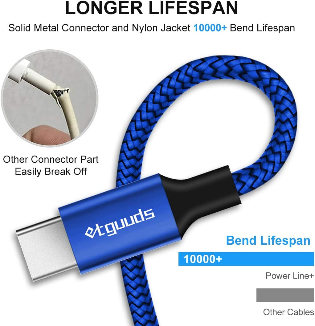 Etguuds 15-Foot USB-C Cable (2-Pack) - Fast Charging USB 2.0 A to USB Type-C, Durable Nylon Braided Design - Blue