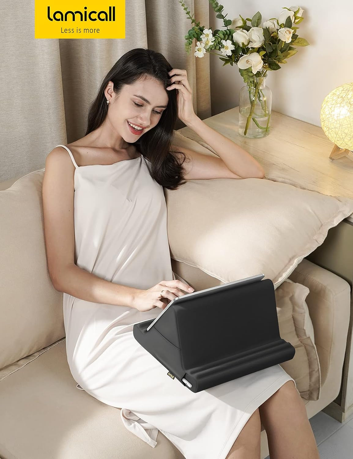 Lamicall Adjustable Tablet Pillow Stand - Soft Pad Dock for Lap, Bed, and Desk with Pocket & 4 Viewing Angles, Compatible with iPad Pro, Air, Mini, Kindle, iPhone, and 4-13" Devices, Black