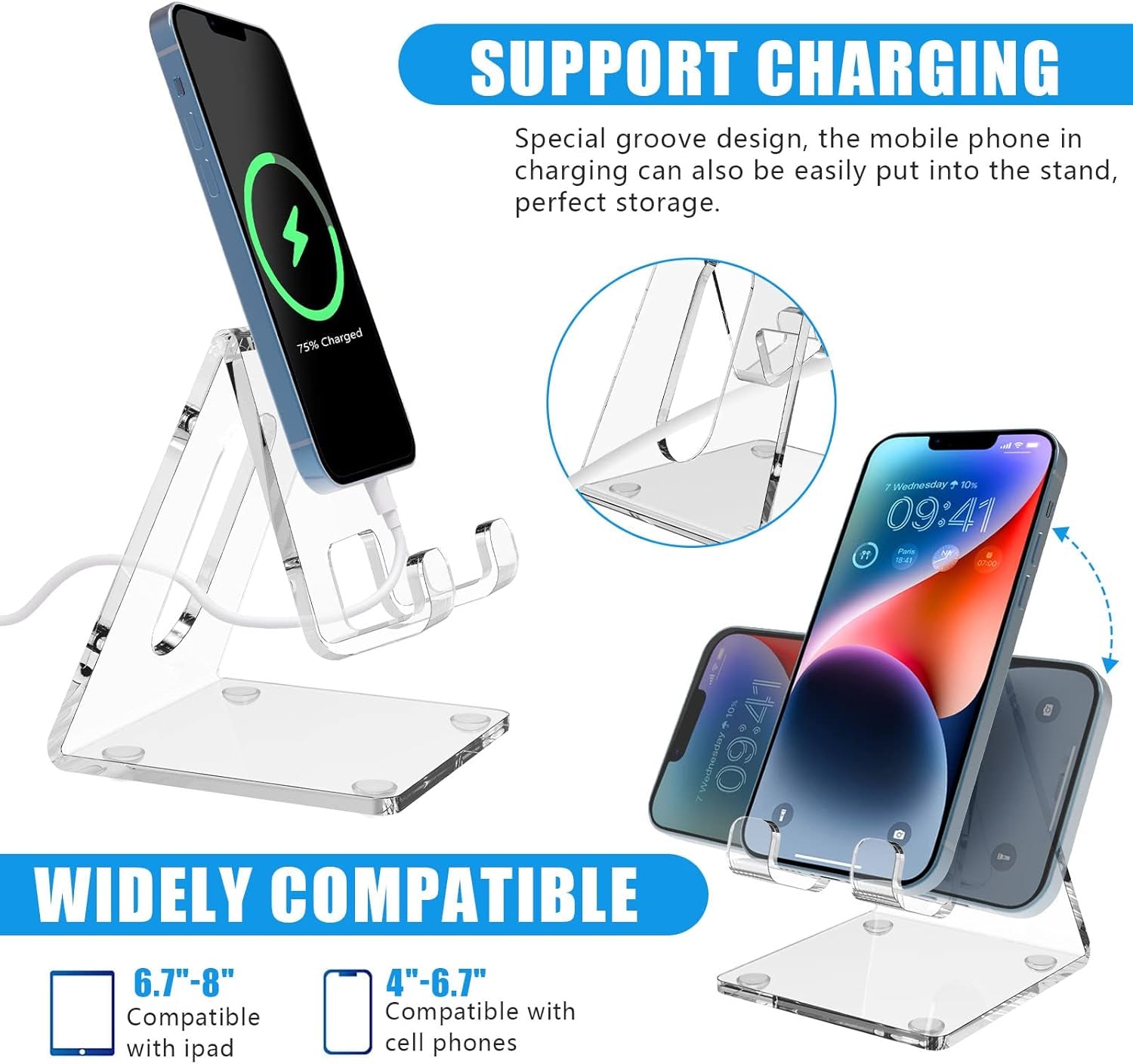 Acrylic Desk Phone Stand - Portable Holder for iPhone 15/14/13/12/11 Pro, Samsung S20+/Note10, and Tablets (1 Pack)