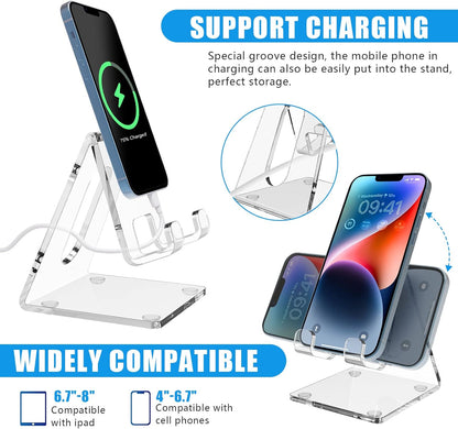 Acrylic Desk Phone Stand - Portable Holder for iPhone 15/14/13/12/11 Pro, Samsung S20+/Note10, and Tablets (1 Pack)